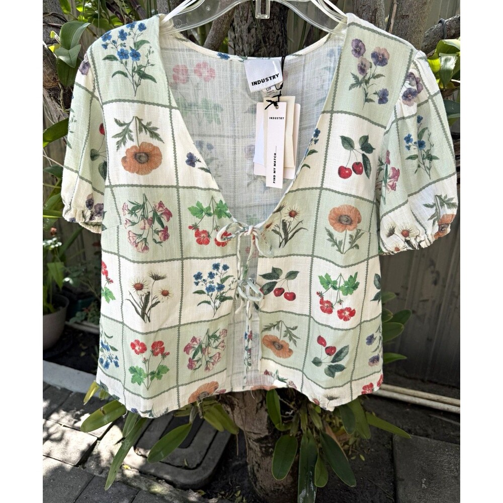 INDUSTRY Women’s S Multicolor Floral V-Neck Tie-Front Puff Sleeve Blouse
